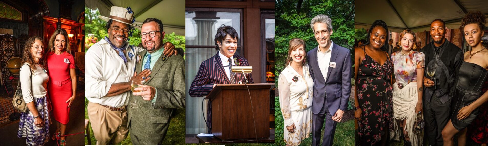 A horizontal collage of five color photographs from the ReFashioning History event. The images show various guests smiling and posing together in both indoor and outdoor settings; one photo features a man in a striped suit speaking at a wooden podium.