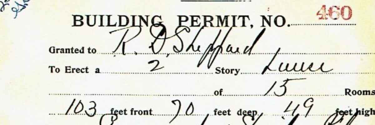 A vintage Evanston building permit, number 460, granted to R. D. Sheppard to erect a 2-story frame house consisting of 13 rooms. The dimensions are listed as 103 feet front, 70 feet deep, and 49 feet high.