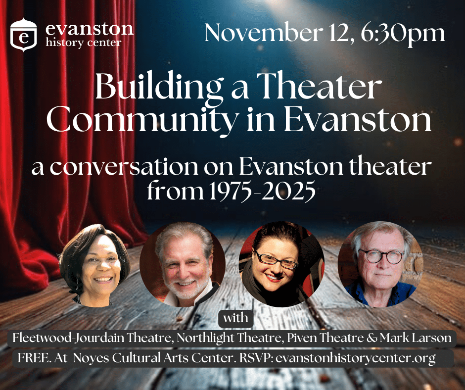 Marketing image for Building a Theater Community in Evanston Four images of presenters in circles over a stage with red curtain behind