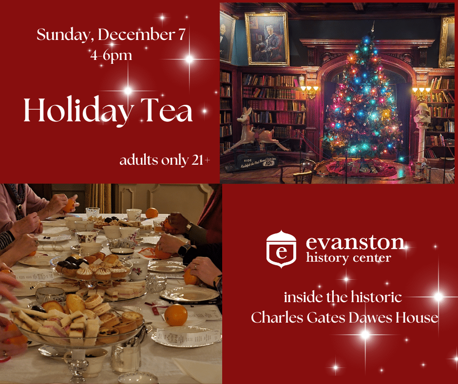 Victorian holiday tea setup inside the Dawes House, Evanston History Center.