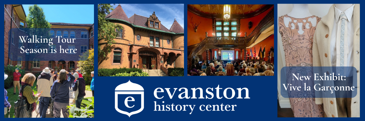 A promotional banner for the Evanston History Center divided into four photographic sections with a central blue logo pane. Left Section: A group of people on a guided outdoor tour stand in a grassy courtyard looking up at a historic multi-story brick building. A blue overlay reads, "Walking Tour Season is here." Top Middle-Left Section: A wide exterior shot of the Evanston History Center (Dawes House), a large historic chateauesque mansion featuring orange-brown brick, a prominent stone archway entrance, and conical turrets. Top Middle-Right Section: An interior view of a presentation taking place inside a grand, wood-paneled great hall with an ornate staircase, high ceilings, and a large stained-glass window. An audience sits facing a projector screen. Right Section: Two mannequins showcasing fashion from a museum exhibit. The left mannequin wears a beaded, sleeveless pink 1920s-style dress. The right mannequin wears a collared shirt, necktie, and a chunky knit cardigan. A blue overlay reads, "New Exhibit: Vive la Garçonne." Bottom Center Section: A dark blue rectangular block features the Evanston History Center logo—a stylized shield enclosing a lowercase letter "e"—followed by the text "evanston history center" in white, serif typeface.